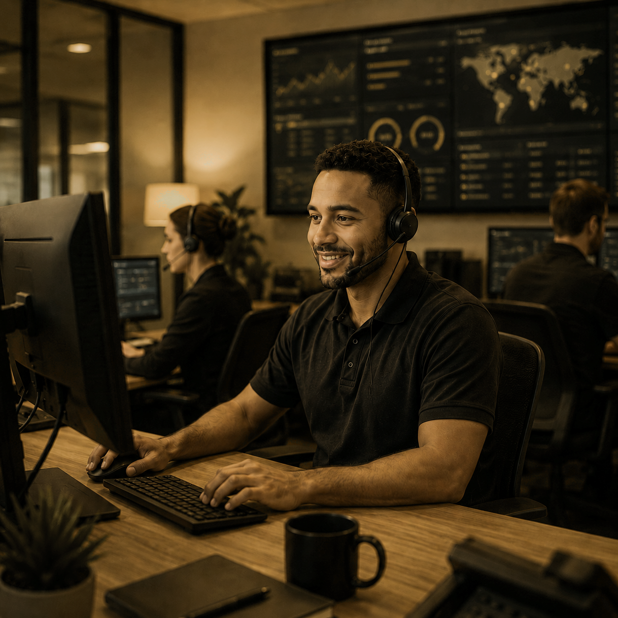 it support technician at his desk