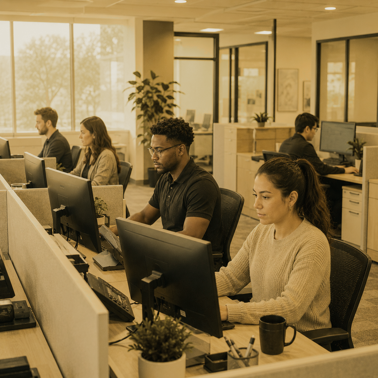 productive employees at row of desks