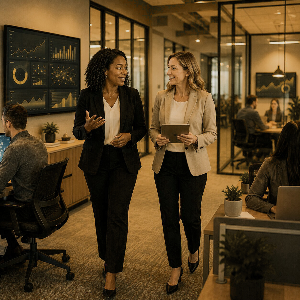 business executive talking in hallways about cyber risks