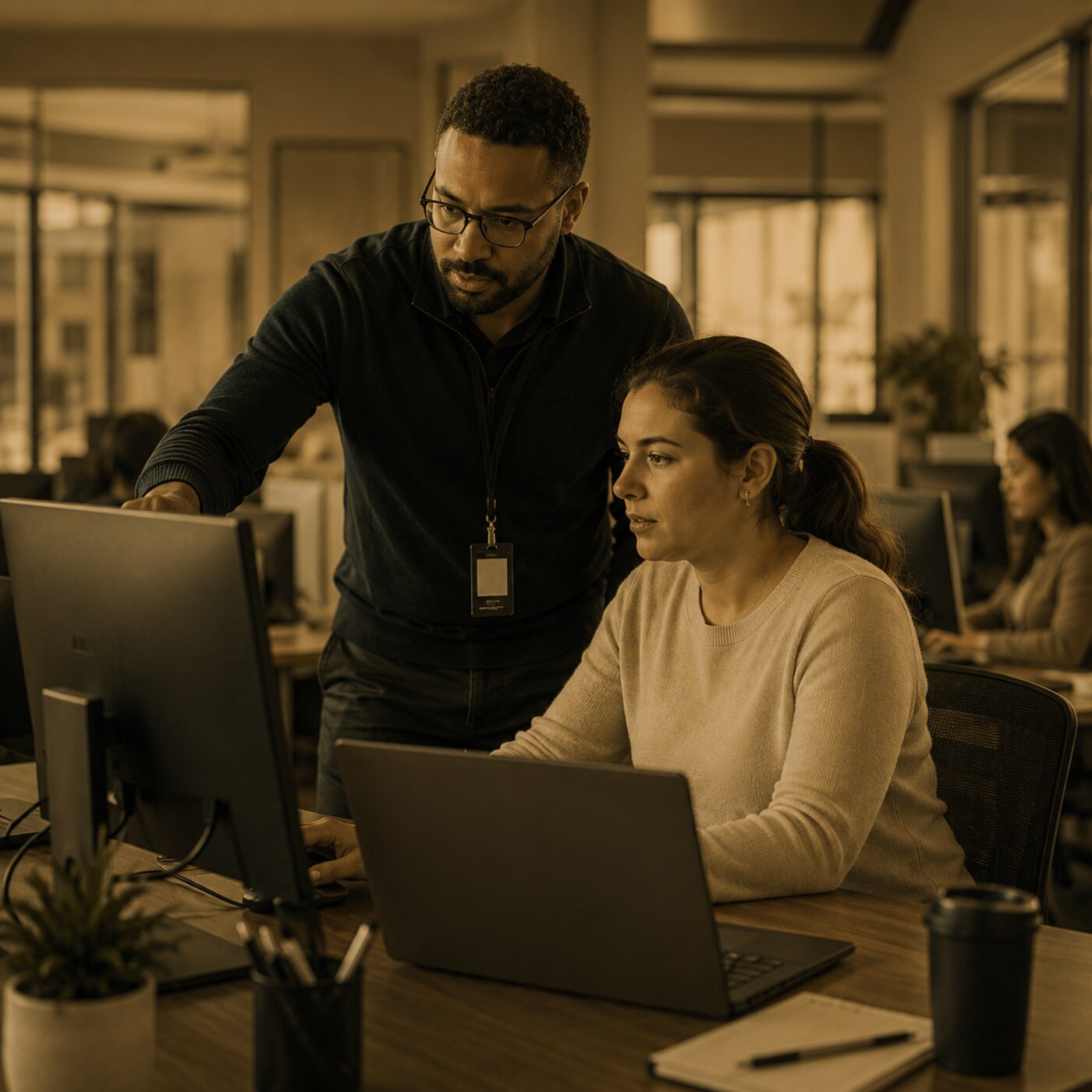 IT support specialist helping an employee at a business workstation