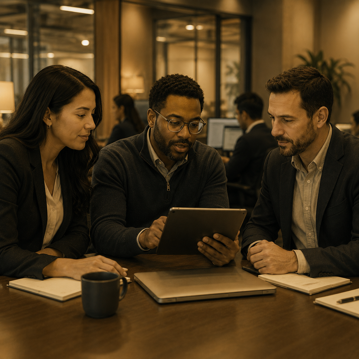 Business leaders reviewing a secure technology access plan with an IT advisor