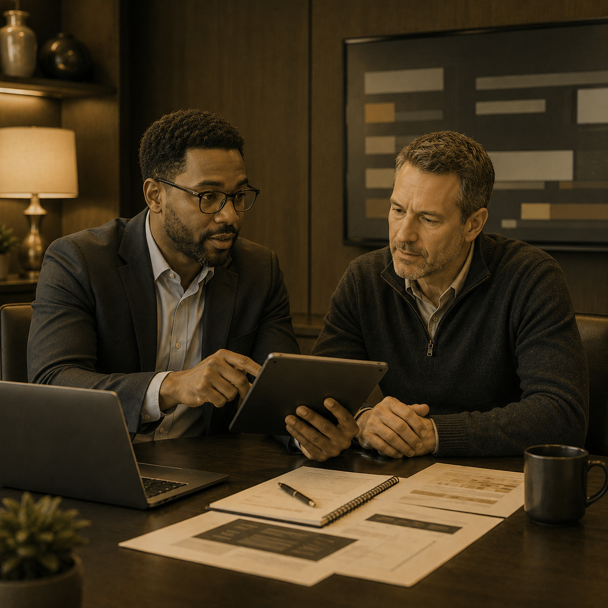 Business owner reviewing network security priorities with a cybersecurity advisor