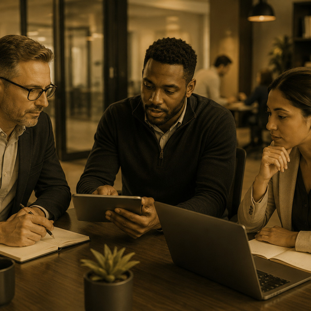 Business leaders and an IT consultant planning a technology roadmap