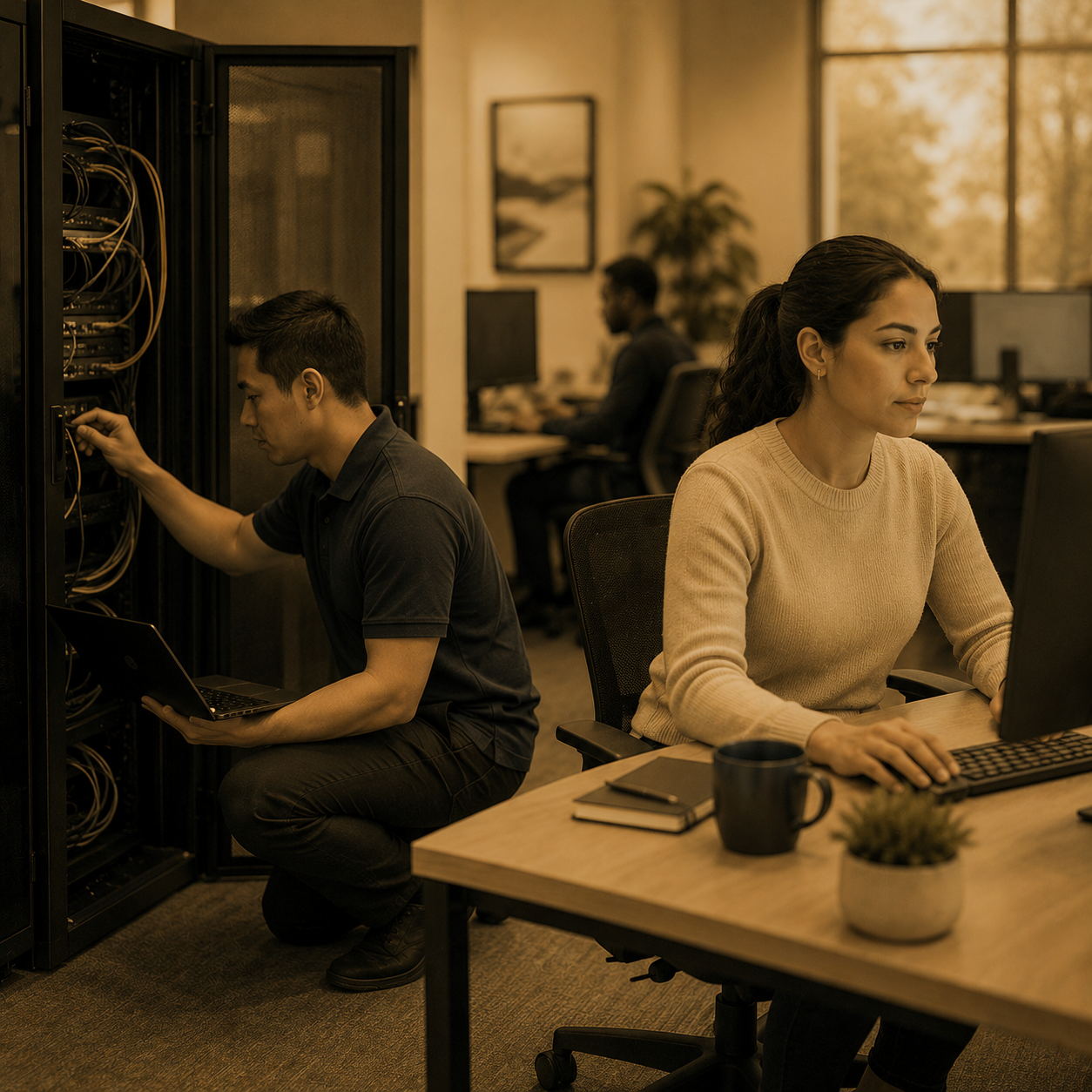 IT specialist checking office systems before security issues disrupt work