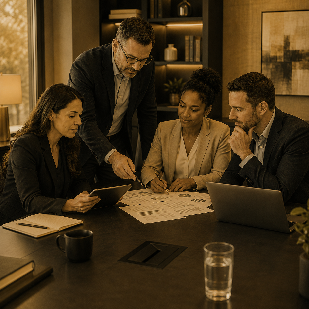 Leadership team planning network risk reduction with a cybersecurity advisor