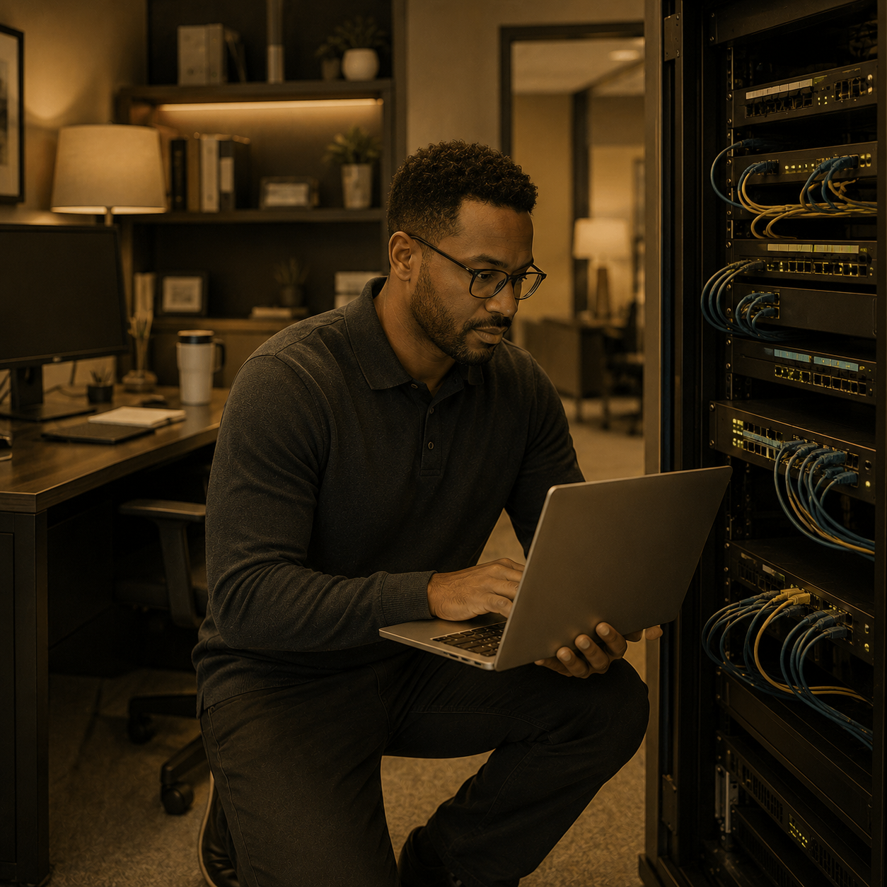 Network technician reviewing office firewall and access rules for a small business