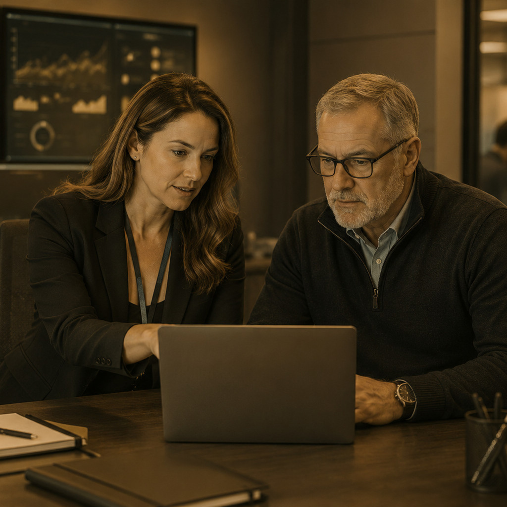 Security-minded IT consultant reviewing technology controls with an operations leader