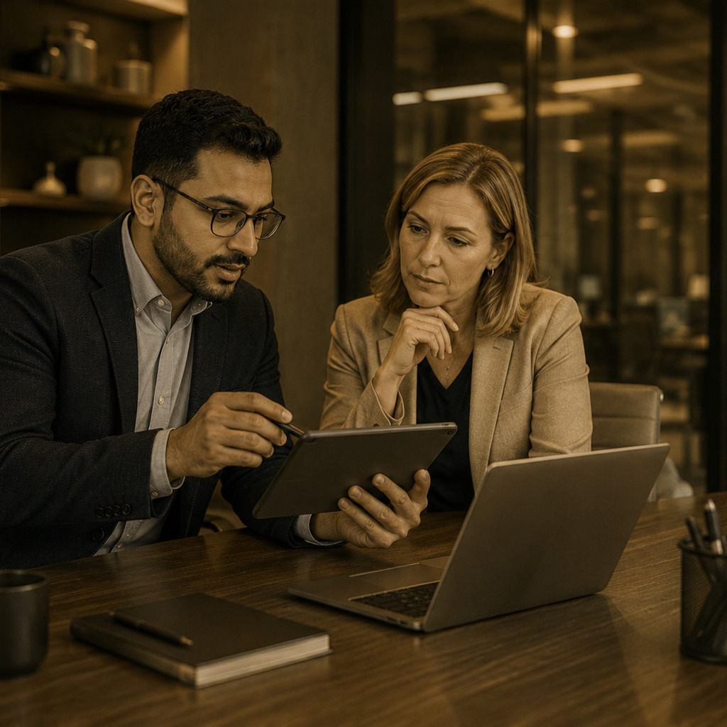 IT consultant reviewing a technology assessment and risk review with a business leader