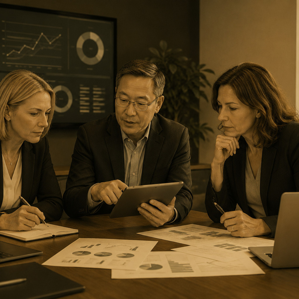 Executives and an IT consultant reviewing technology investment decisions