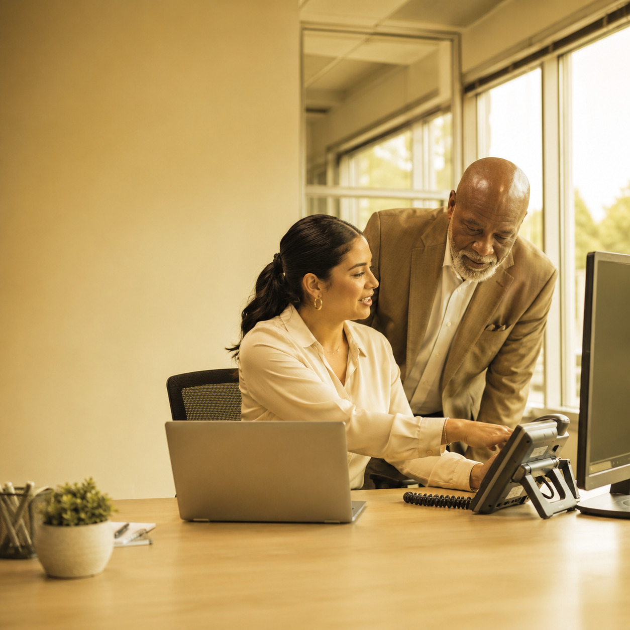 Two New Jersey business leaders reviewing a cloud VoIP desk phone