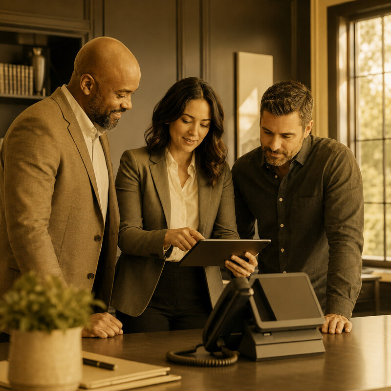 New Jersey business team reviewing a modern desk phone and tablet