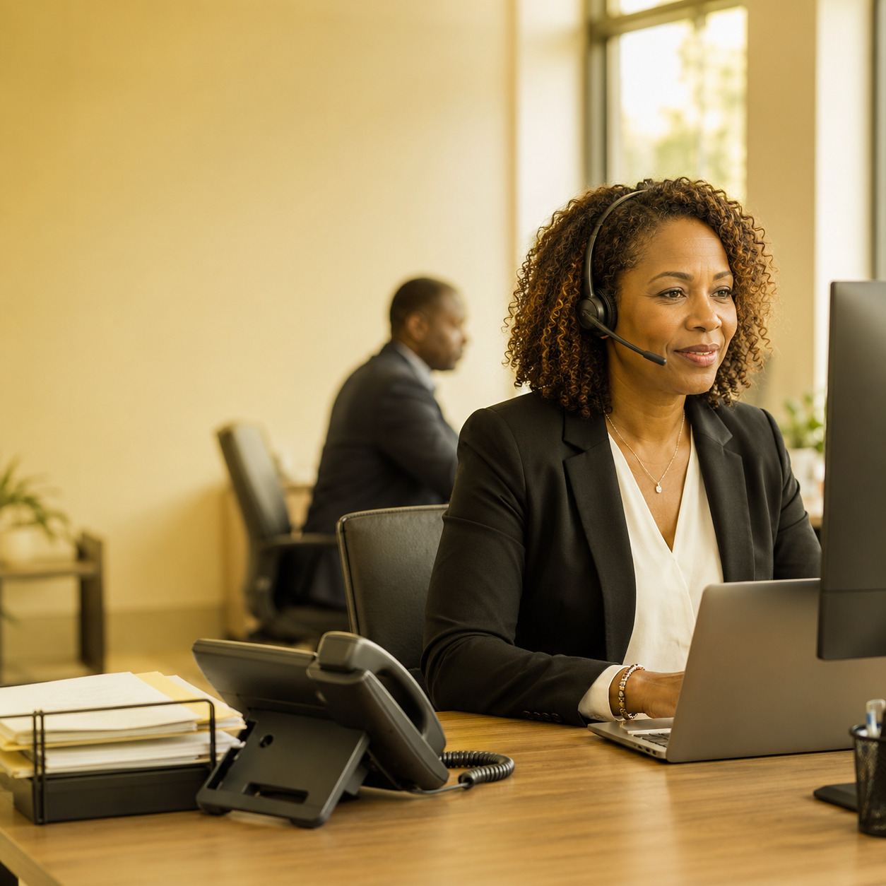 Business professional using a headset and cloud VoIP calling tools