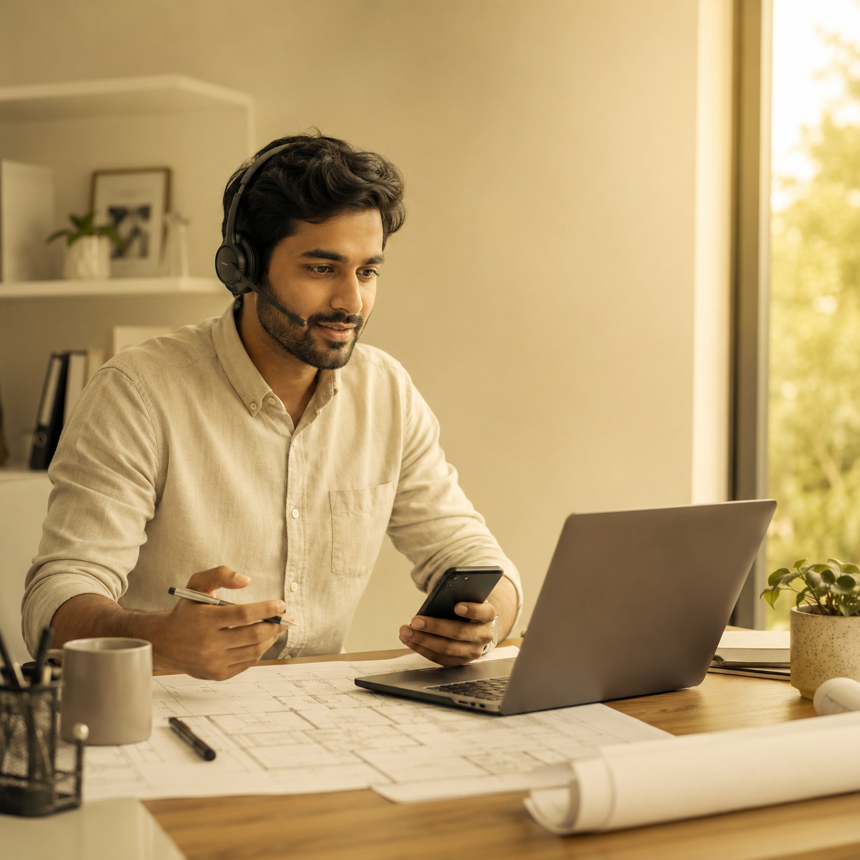 Remote professional using business VoIP tools from a home office