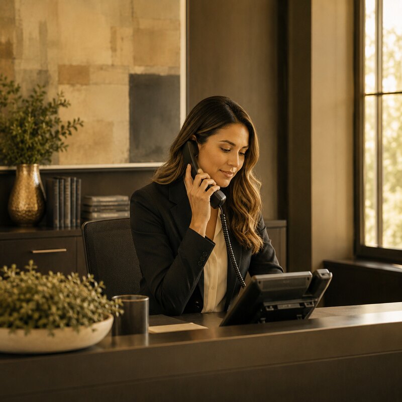 Receptionist answering a business desk phone in a professional office