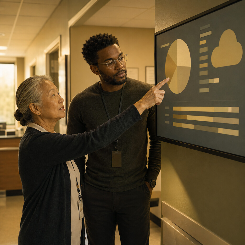 Healthcare practice administrator and IT advisor reviewing cloud spending