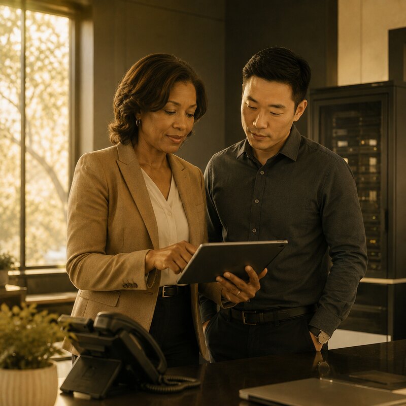 MSP advisor and business leader reviewing phone and network support