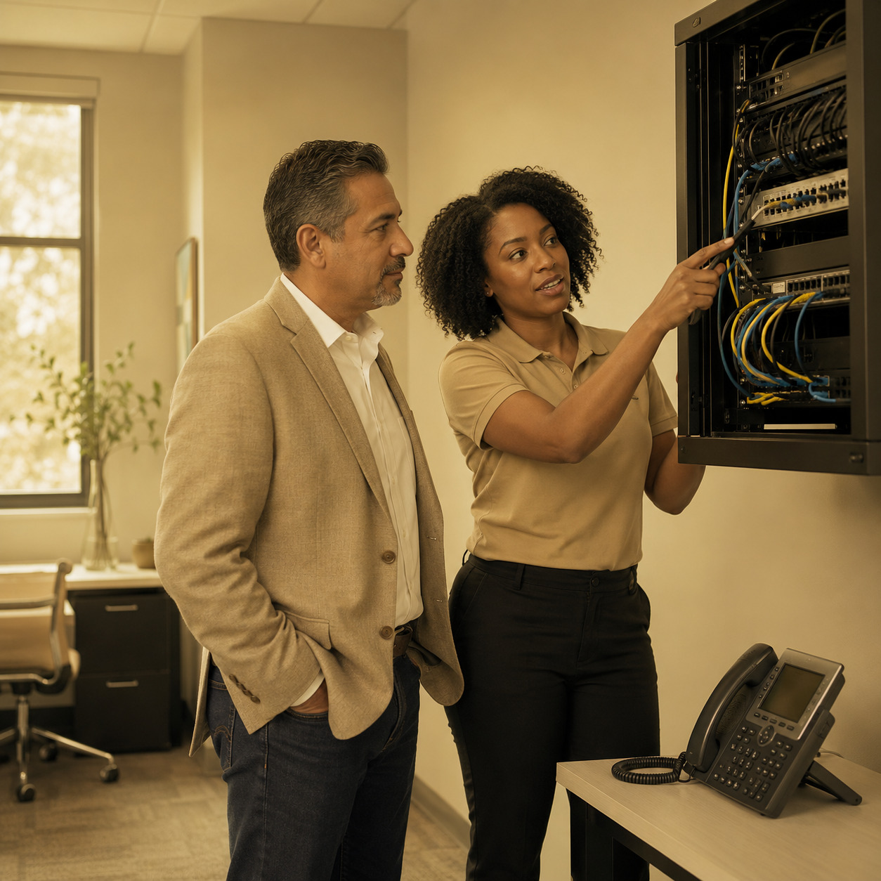 IT technician and business owner reviewing network equipment for business VoIP