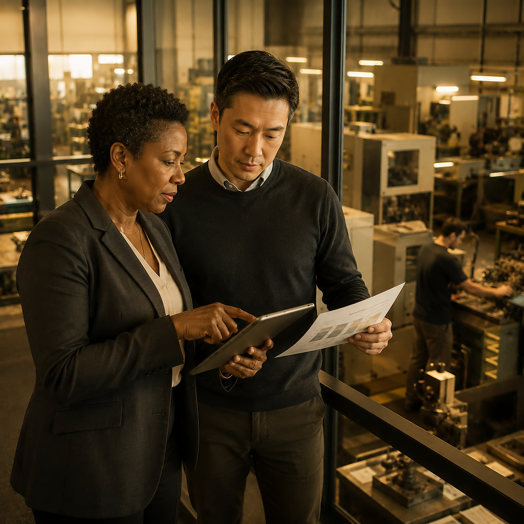 Manufacturing leaders reviewing business cloud hosting capacity in a New Jersey facility