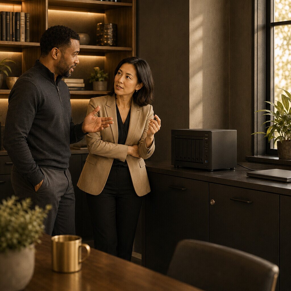 IT consultant discussing business cloud storage services with an operations manager in a New Jersey office