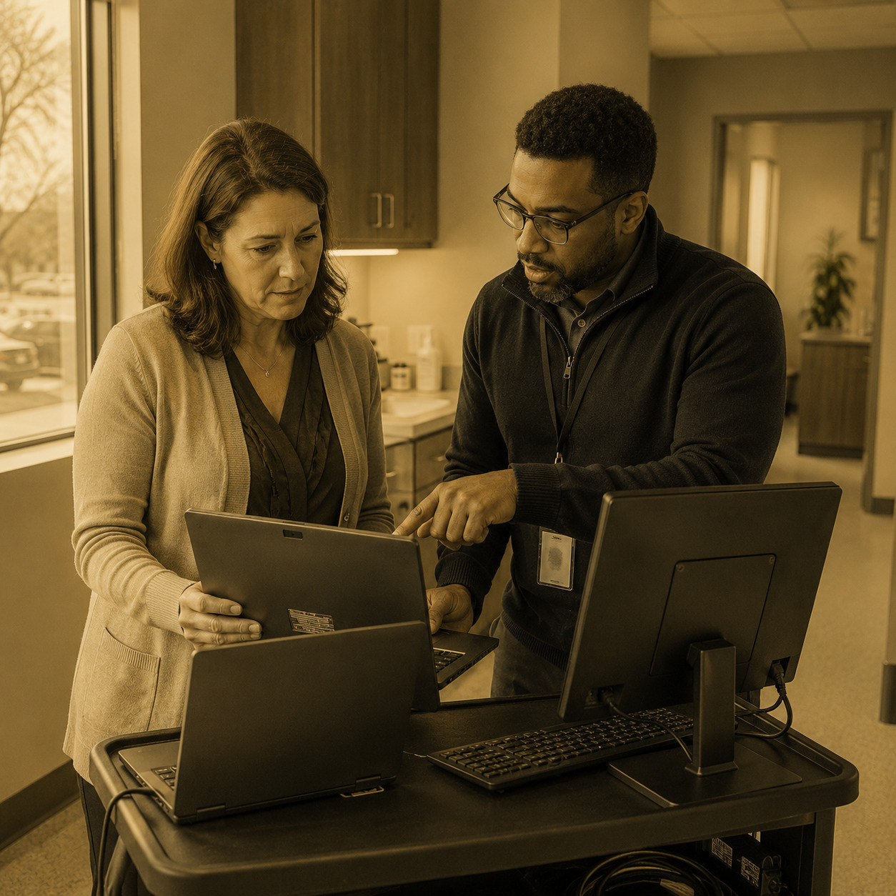 IT specialist helping a healthcare office manager with a company laptop