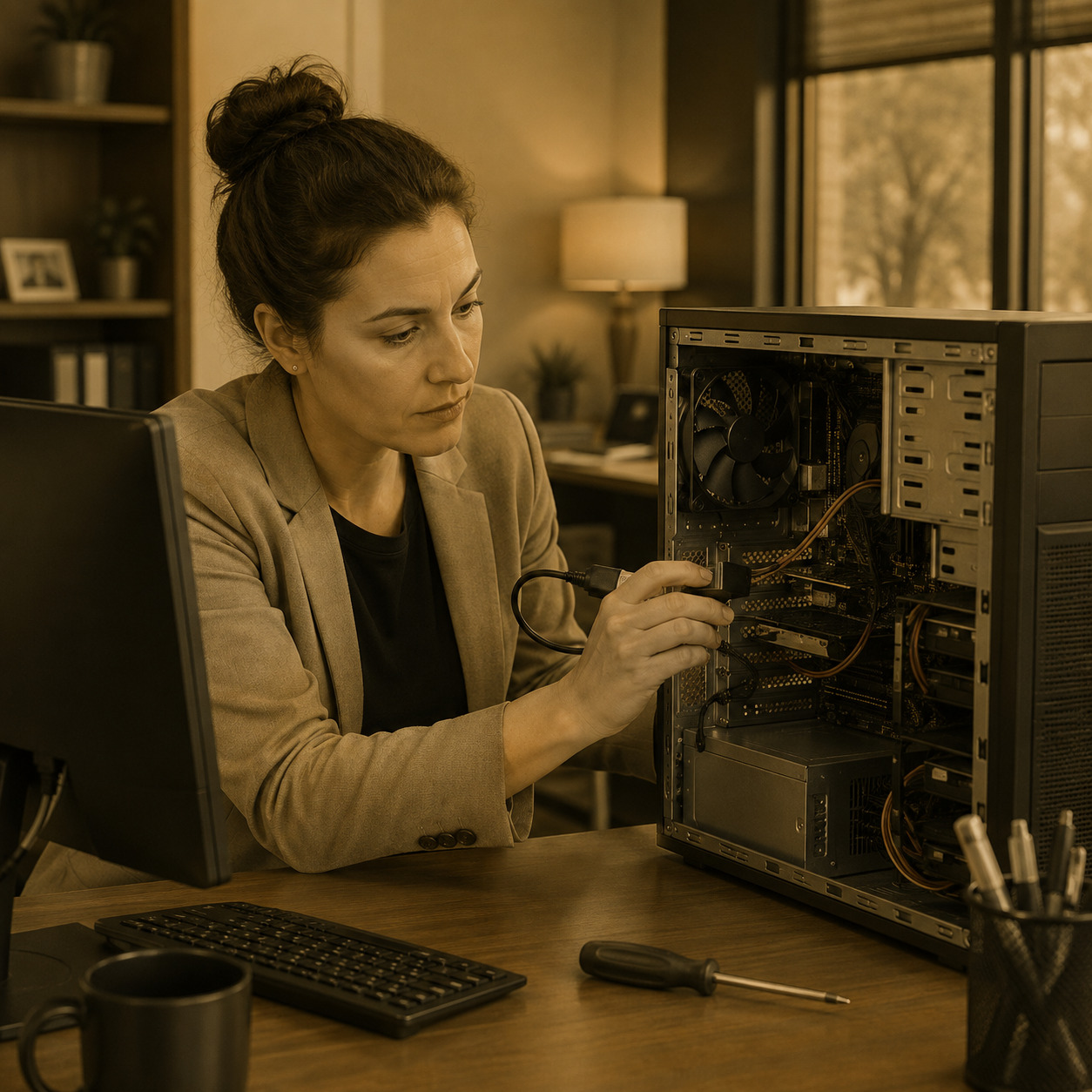 Technician diagnosing hardware in a company desktop computer