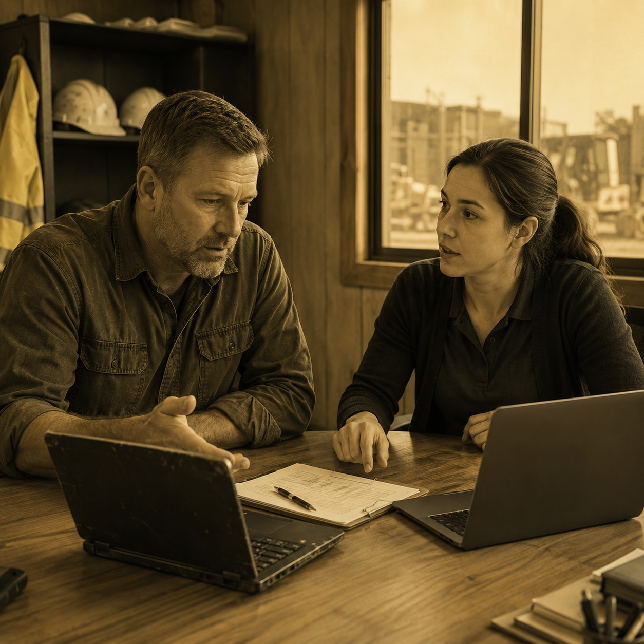 Construction business owner reviewing computer repair and replacement options