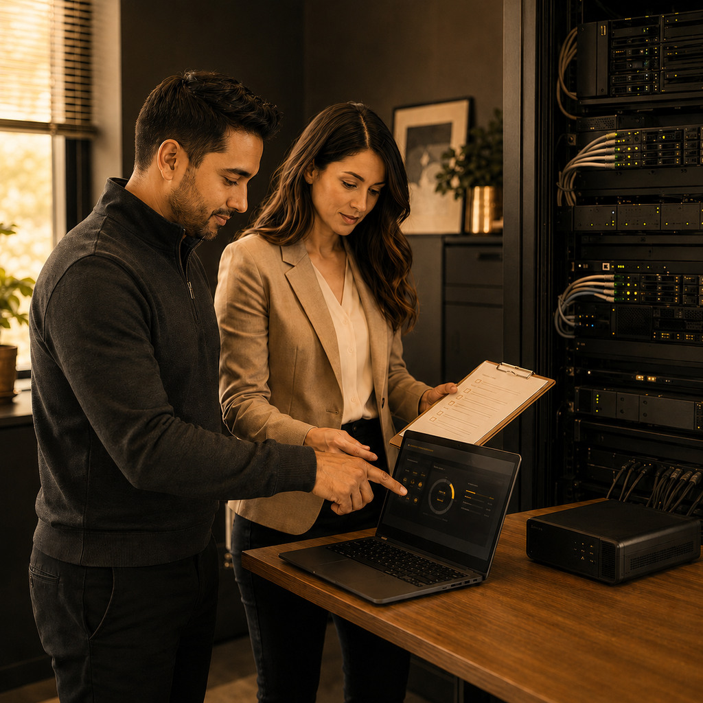 IT technician and operations manager reviewing cloud backup and disaster recovery systems