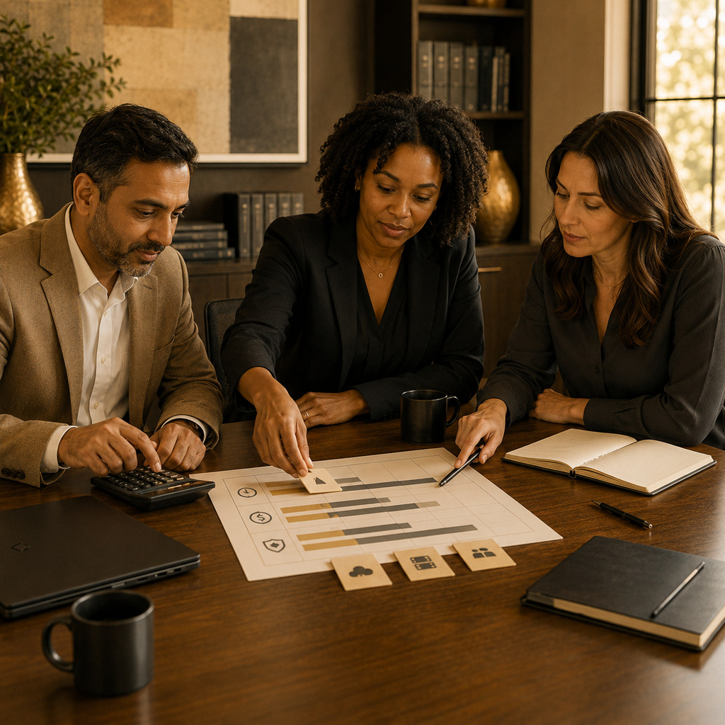 Business leaders reviewing cloud consulting costs, risks, and priorities