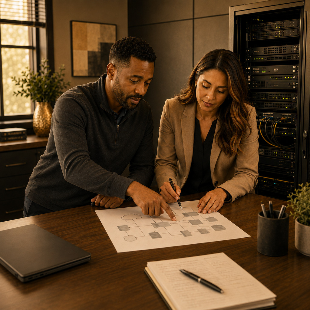 Cloud consultant and IT manager reviewing a hybrid network plan beside server equipment