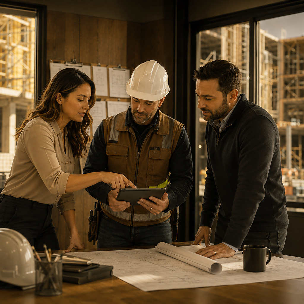 Construction team reviewing cloud-hosted project systems in a New Jersey job-site office