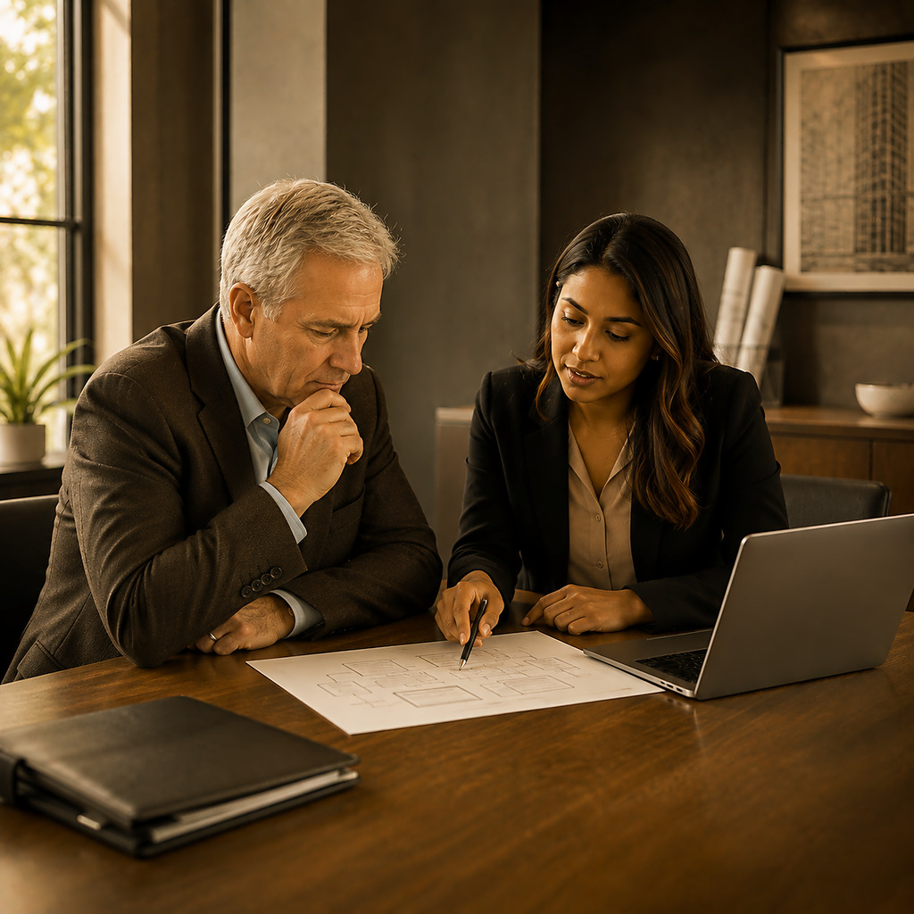 Business owner and IT consultant planning cloud and hybrid hosting for company workloads