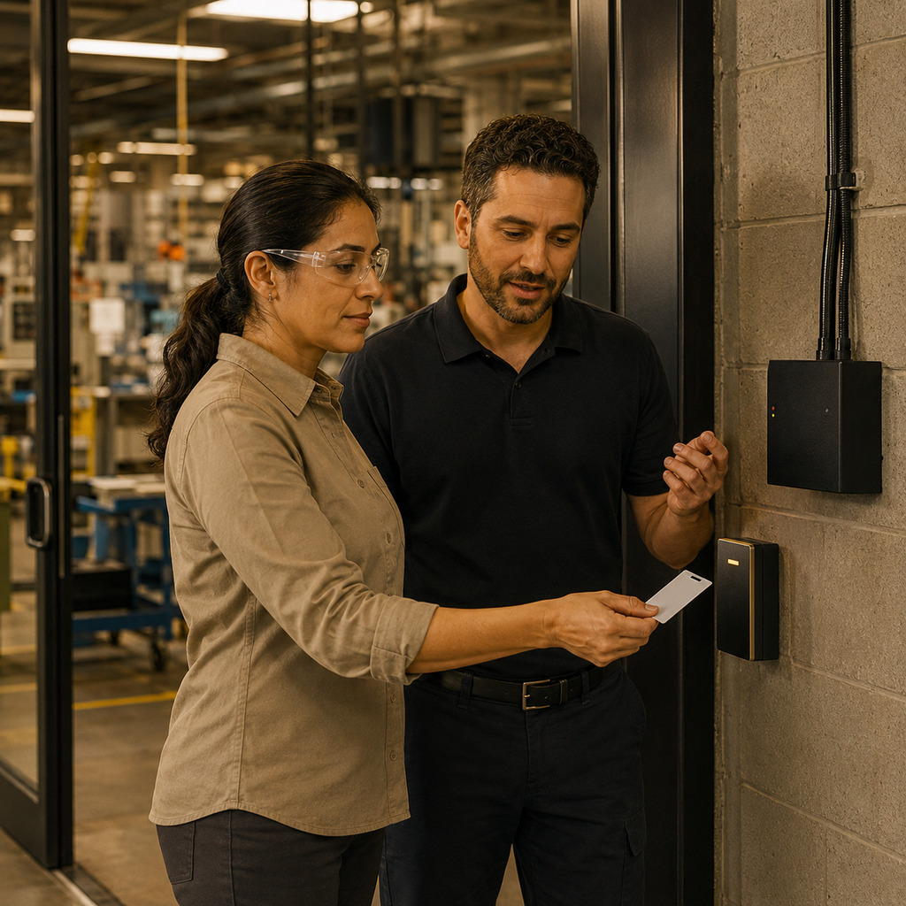 Manufacturing supervisor testing identity and access security with a Monmouth Cyber technician