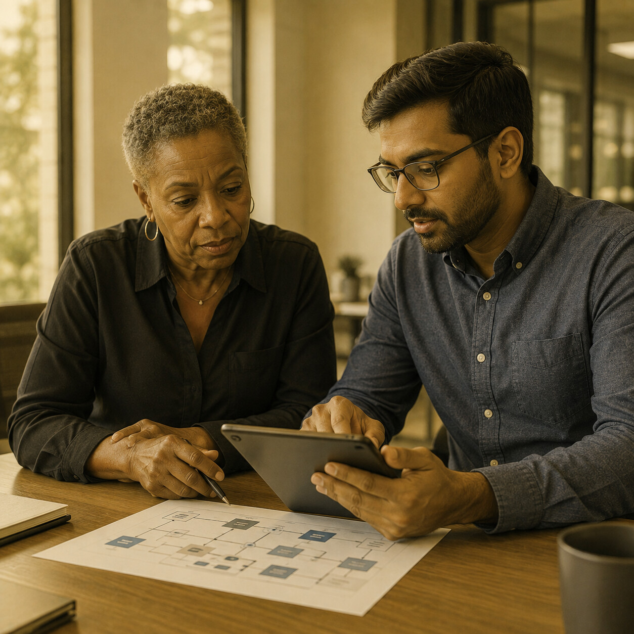 IT director and cloud advisor reviewing a cloud infrastructure management plan