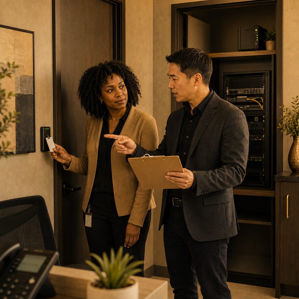 Security consultant and healthcare administrator reviewing badge access controls