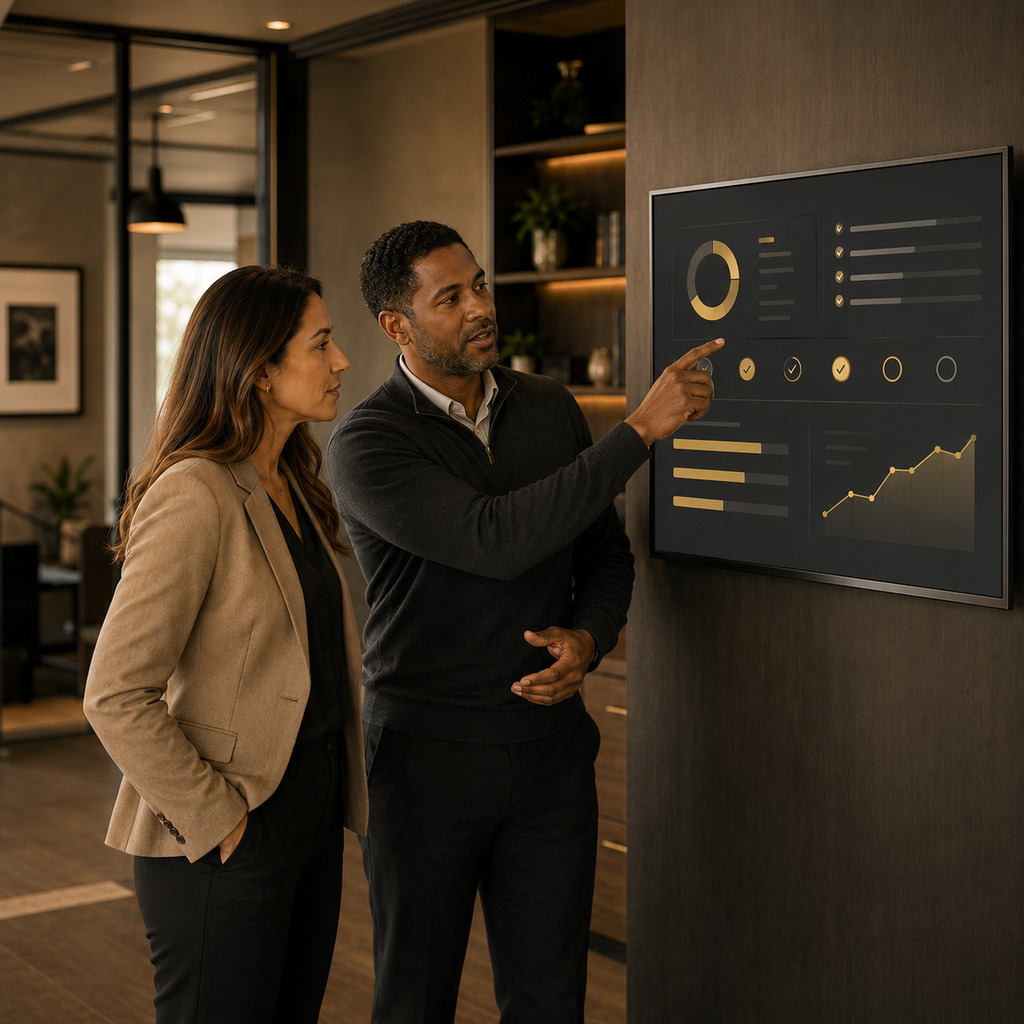 Business owner reviewing cloud security risks and progress with a cybersecurity advisor