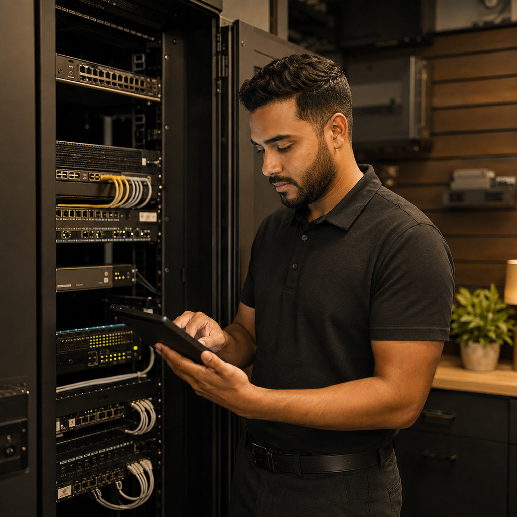 Monmouth Cyber technician reviewing cloud-connected network equipment for a New Jersey business