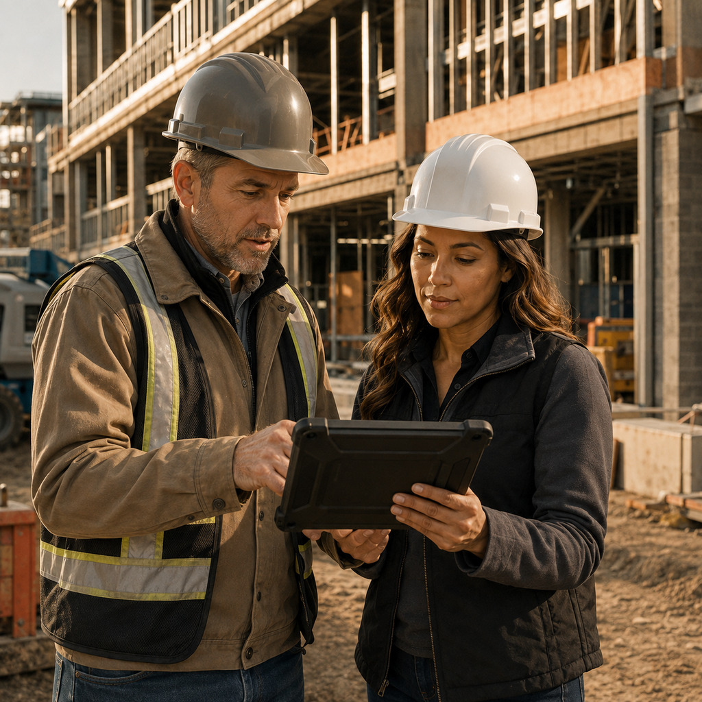 Construction manager and IT consultant reviewing secure cloud access at a New Jersey jobsite