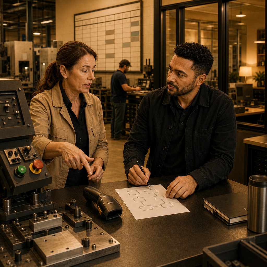 Cloud consultant learning a manufacturing workflow from an operations manager