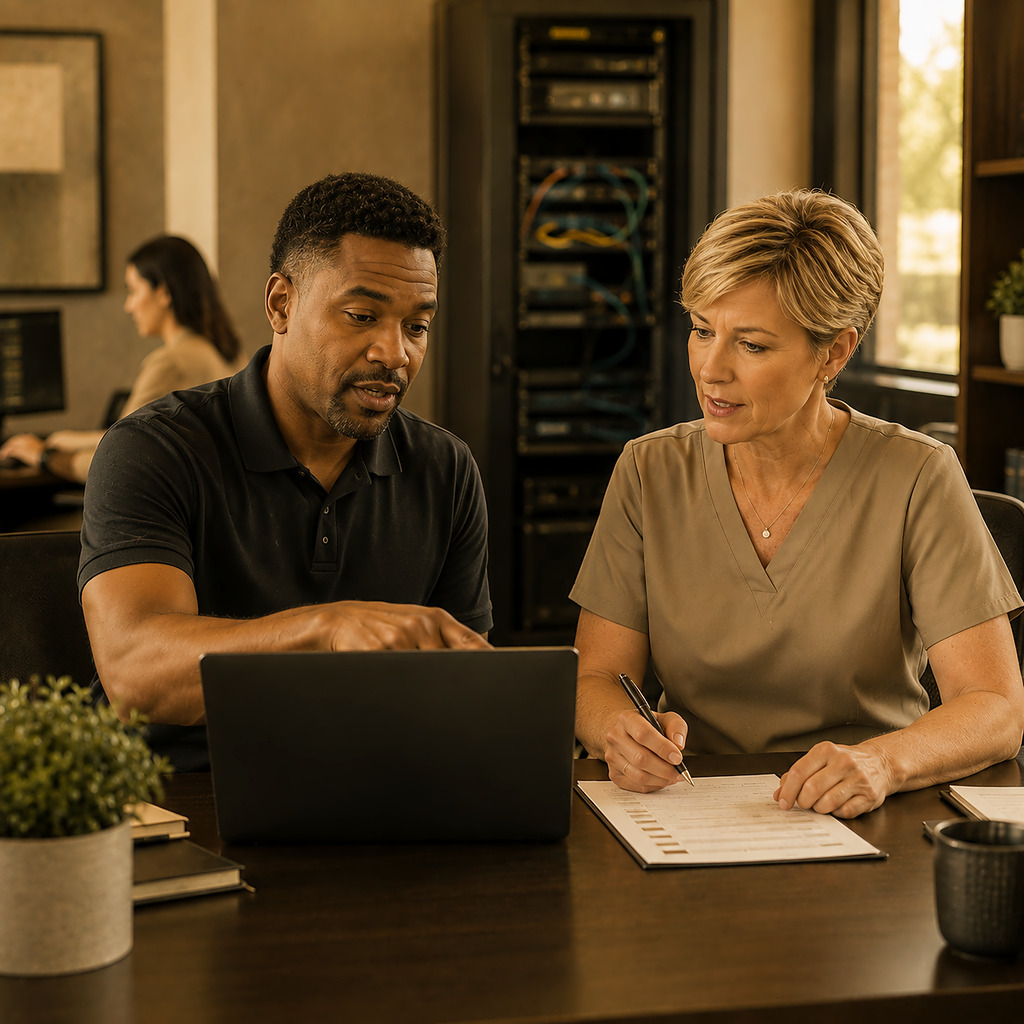 IT professional reviewing managed cloud hosting support with a healthcare operations manager