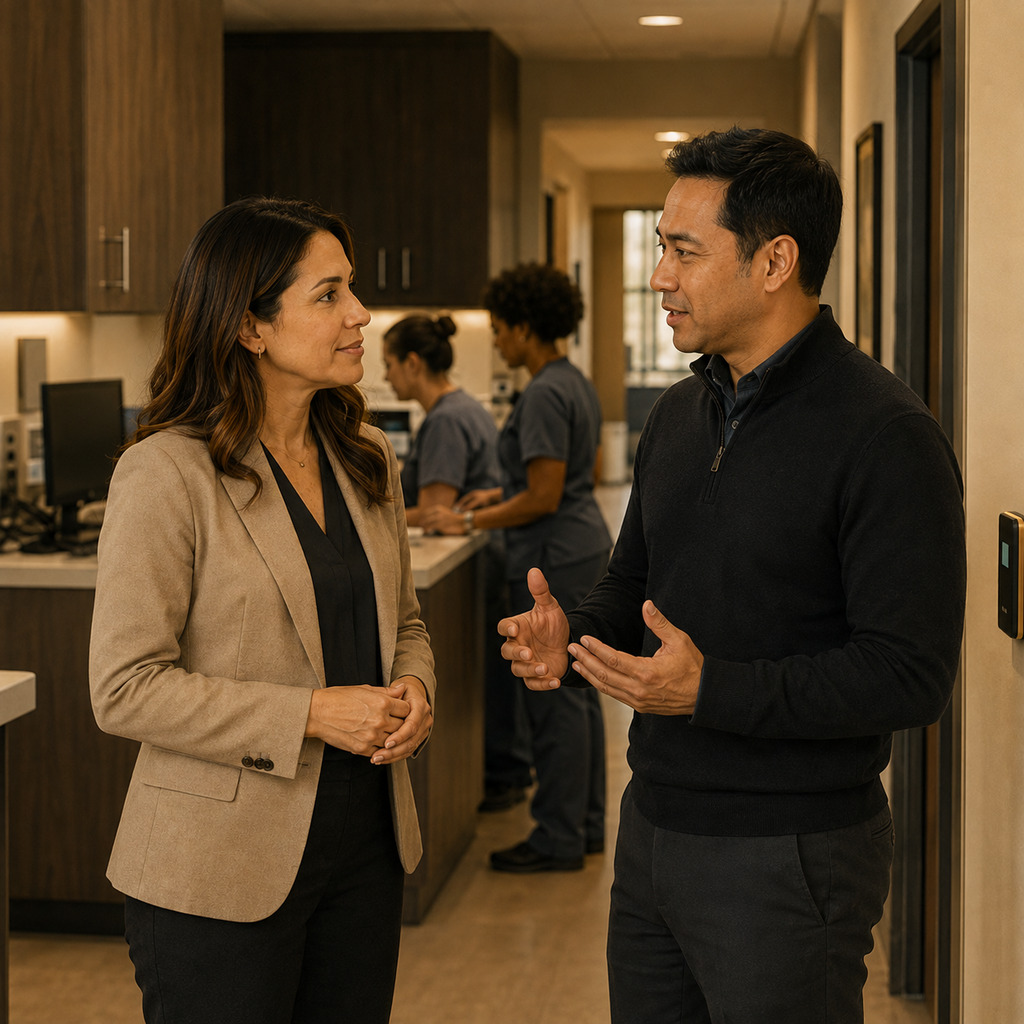 Healthcare administrator discussing managed cloud security services with an IT consultant
