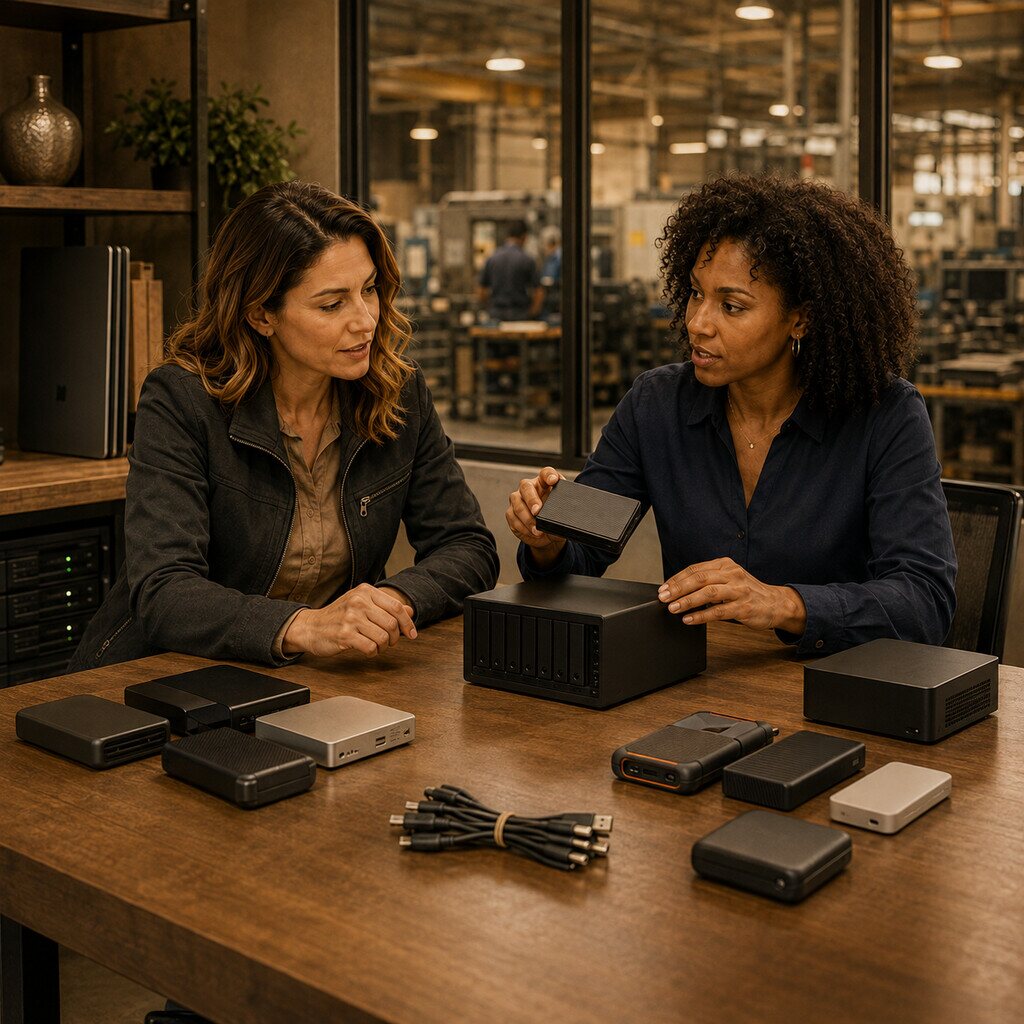 Manufacturing operations team organizing storage devices for managed cloud storage