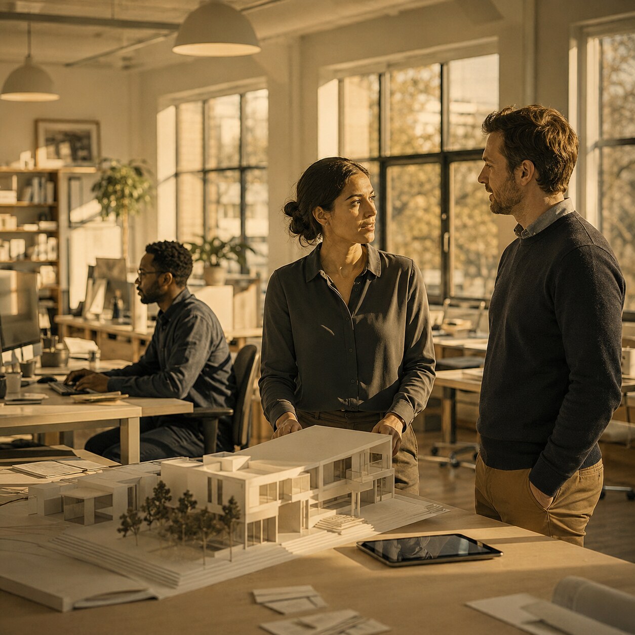 Architecture firm employees working across a connected New Jersey office.