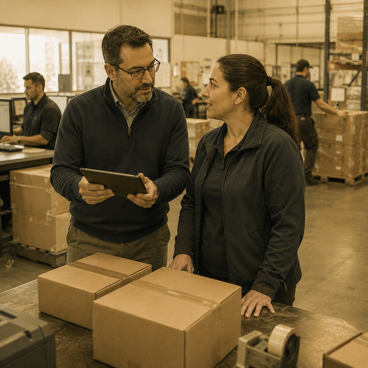 Operations manager and floor supervisor coordinating work across a New Jersey fulfillment business.