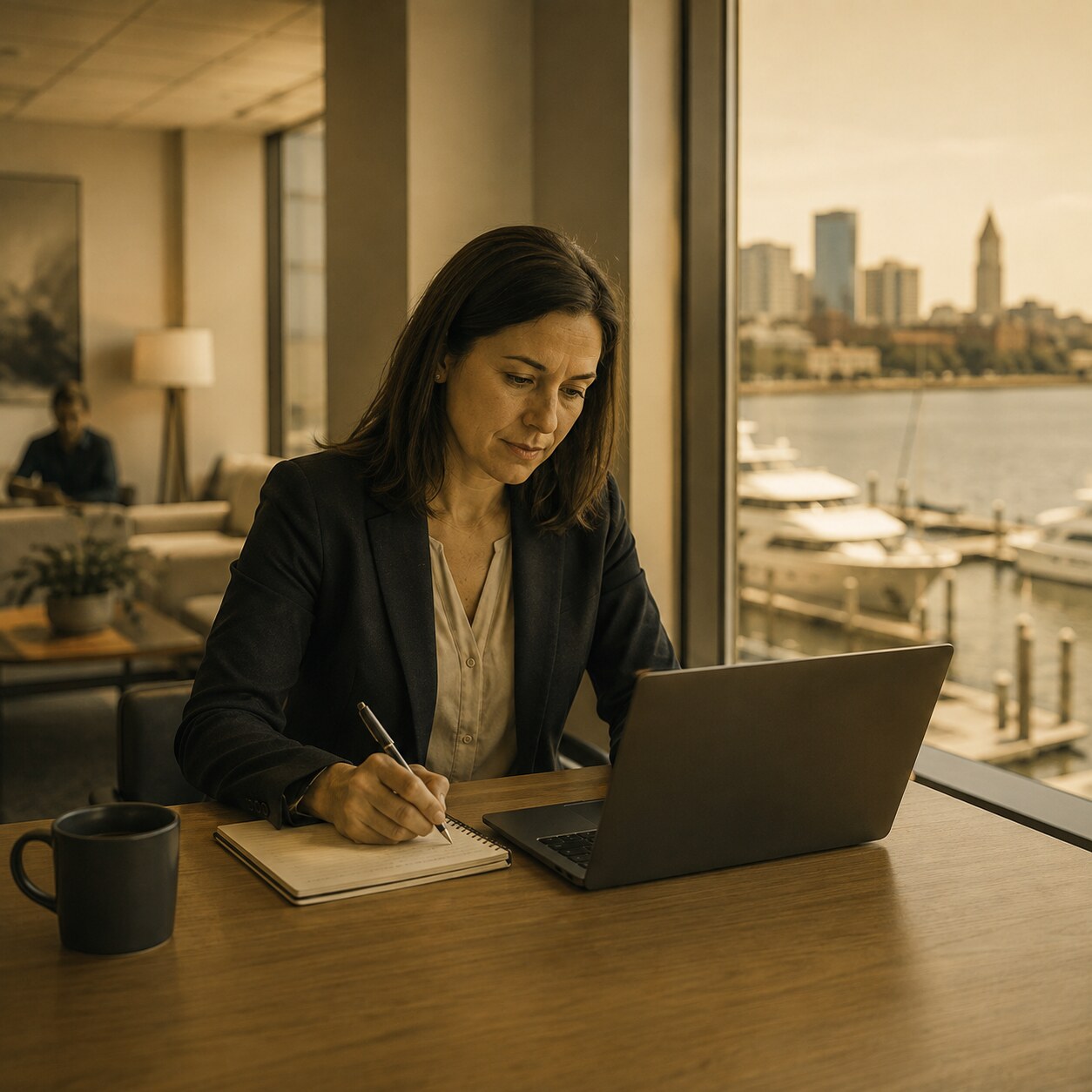 New Jersey professional using cloud applications from a waterfront workspace.