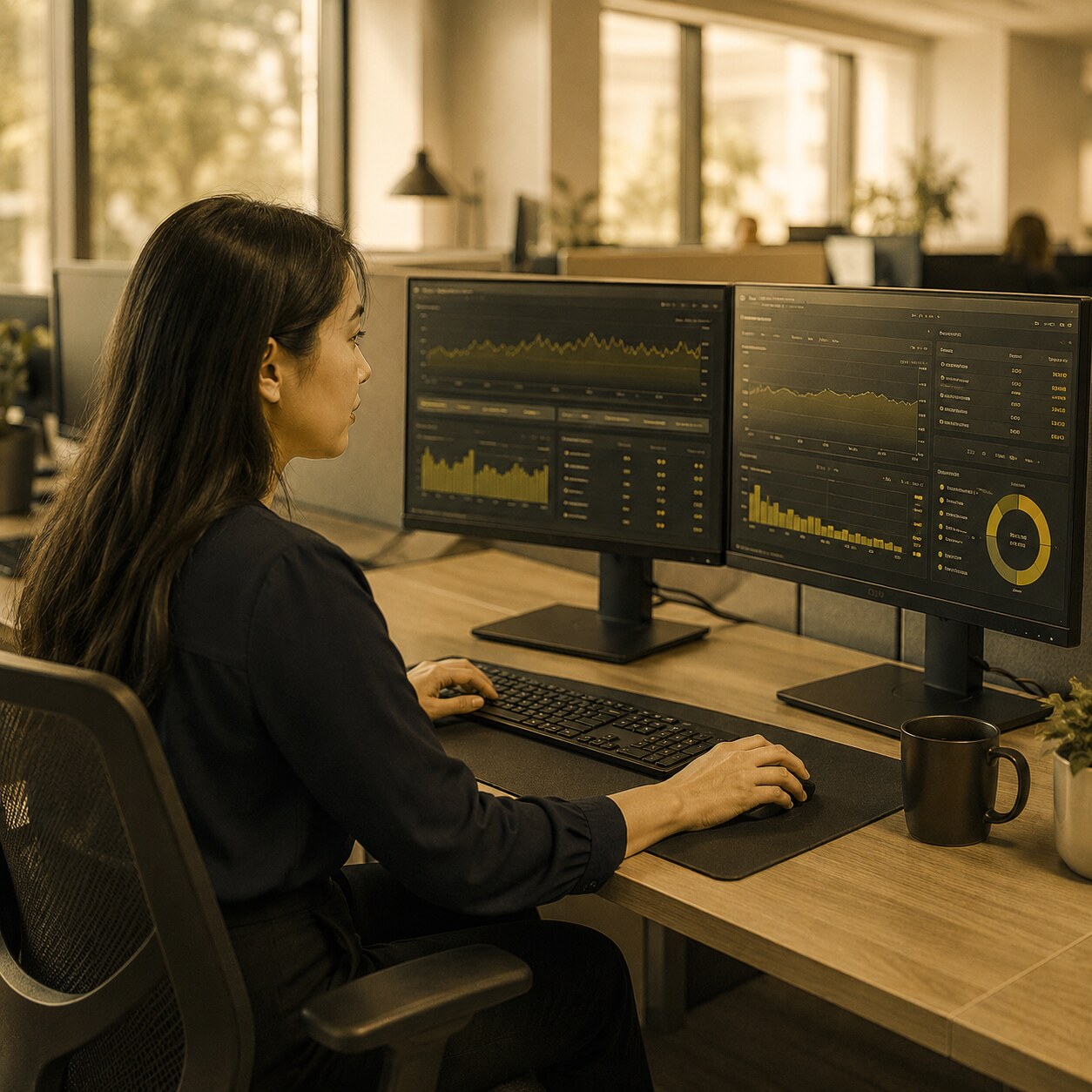 Network operations analyst reviewing cloud network health and performance.