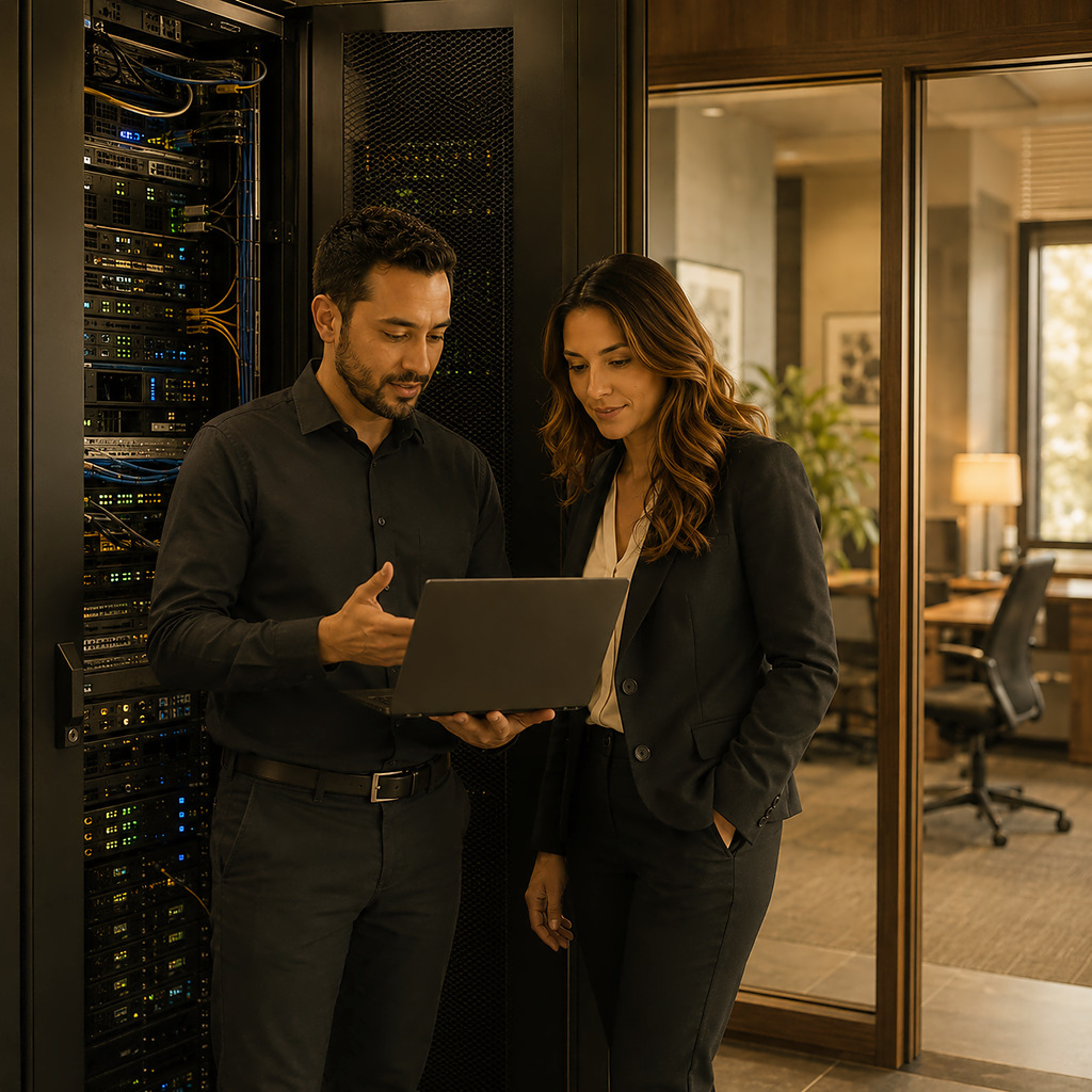 IT consultant and business manager reviewing cloud hosting infrastructure in a New Jersey office