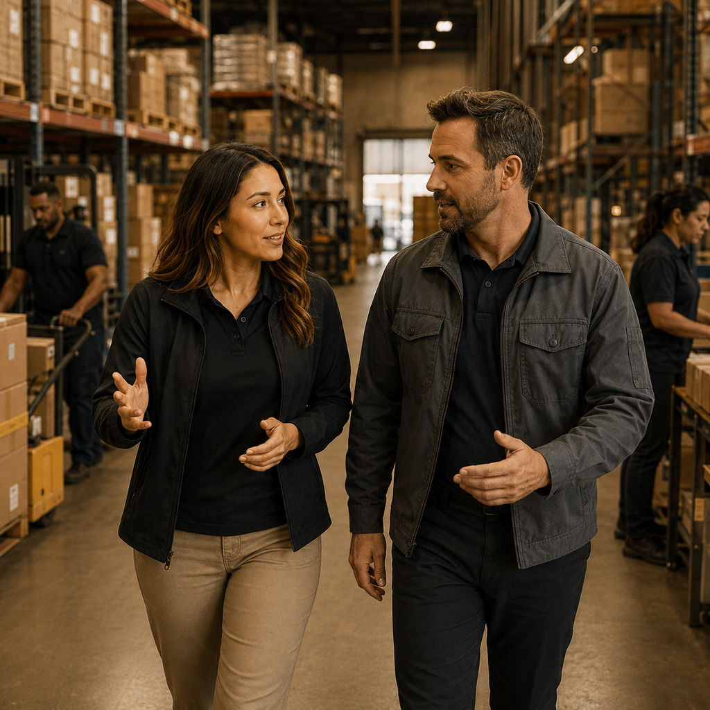 New Jersey warehouse manager discussing cloud security support with a local IT consultant
