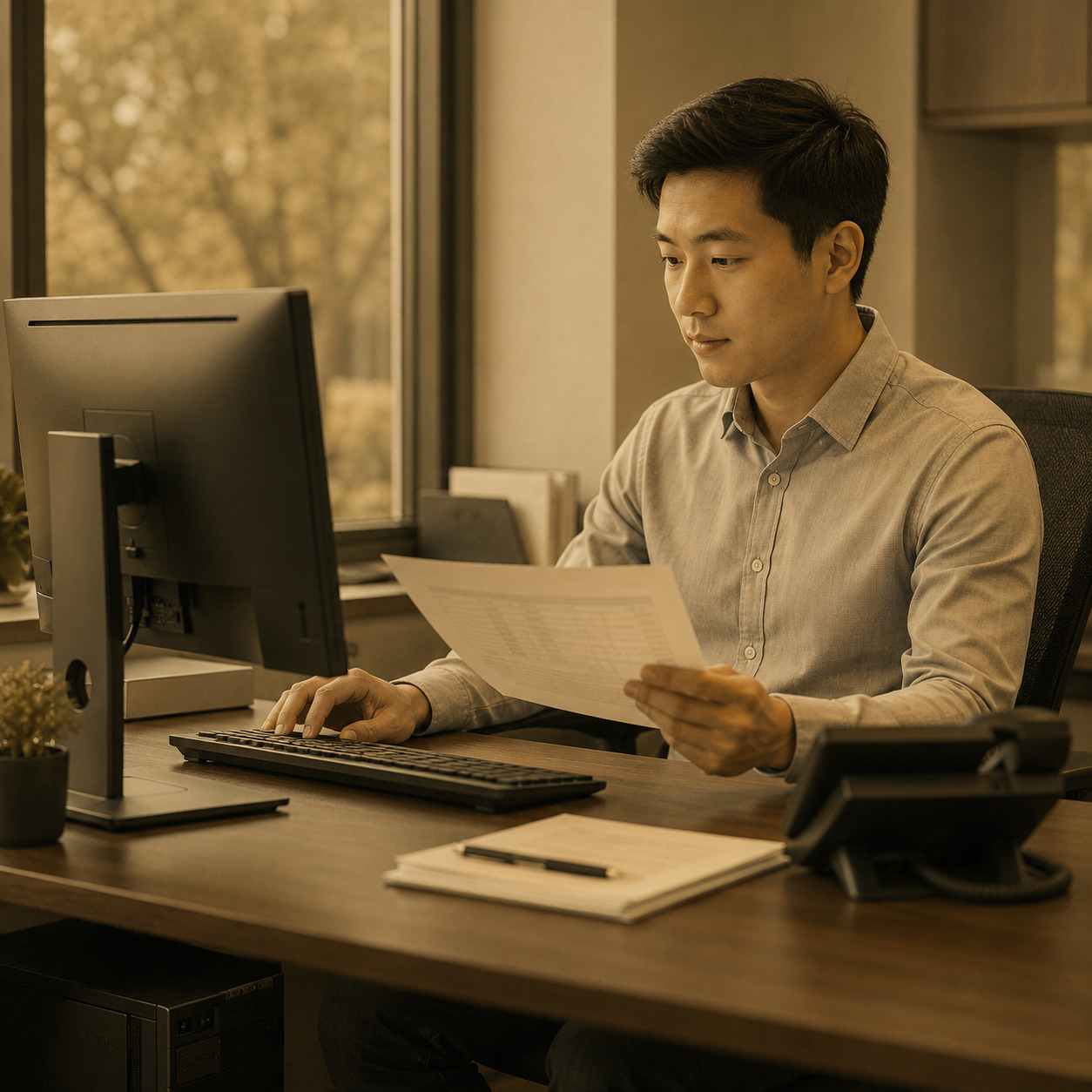 Employee working at a restored desktop computer