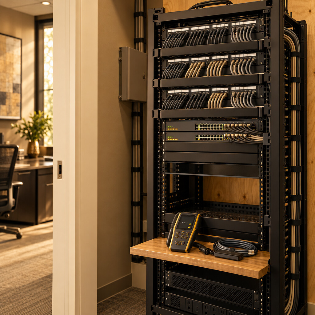 Organized structured cabling rack with labeled patch panels and testing equipment