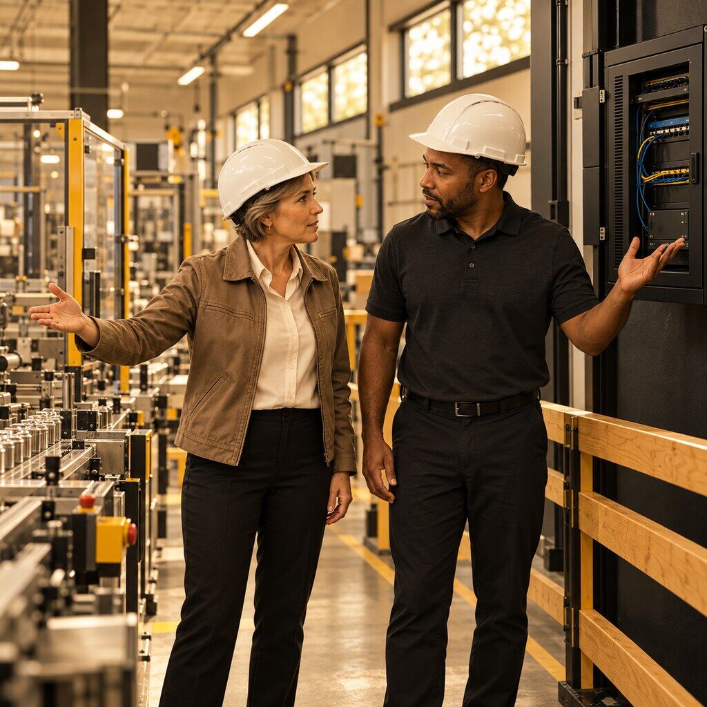 Operations director and cybersecurity advisor discussing network risk on a manufacturing floor